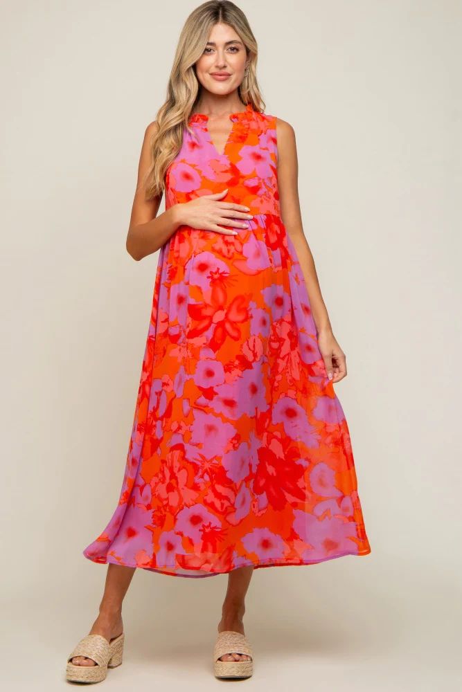 Orange Floral Split Ruffle Neck Tiered Maternity Midi Dress | PinkBlush Maternity