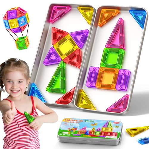Mini Magnetic Tiles Travel Magnetic Tiles with Iron Box,42PCS Magnet Building Block Set Travel Toys for Kids Ages 3+,Educational Portable Magnet Toys Gifts for Toddlers Boys & Girls Christmas Birthday | Amazon (US)