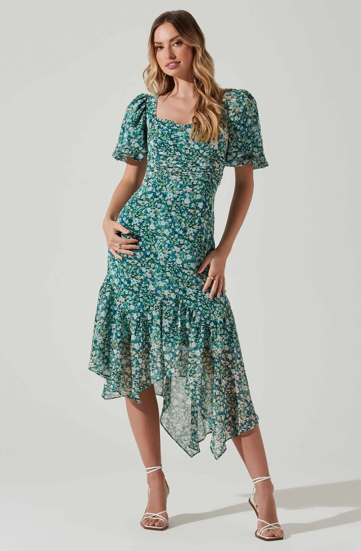 Floral Short Sleeve Asymmetrical Hem Midi Dress | ASTR The Label (US)