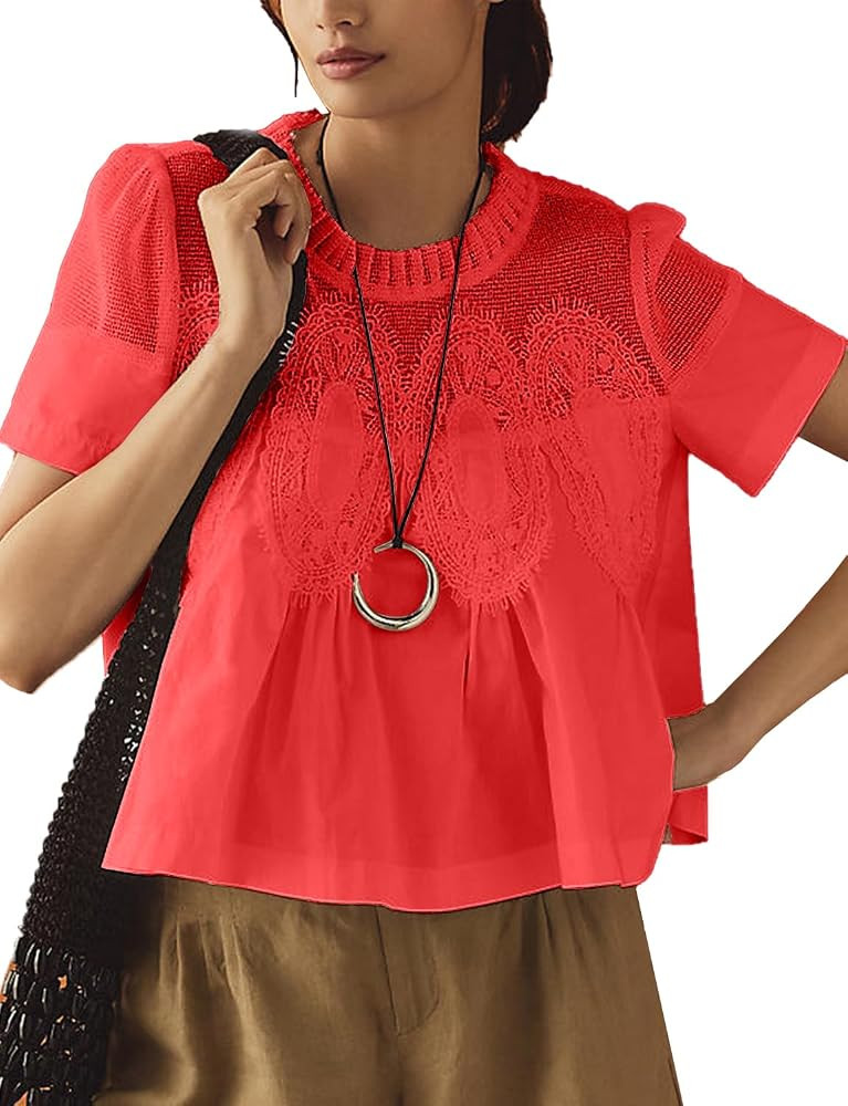 Women's Babydoll Tops Short Sleeve Lace Detail Blouses Flared Pleated Swing Sheer Mesh Shirts | Amazon (US)