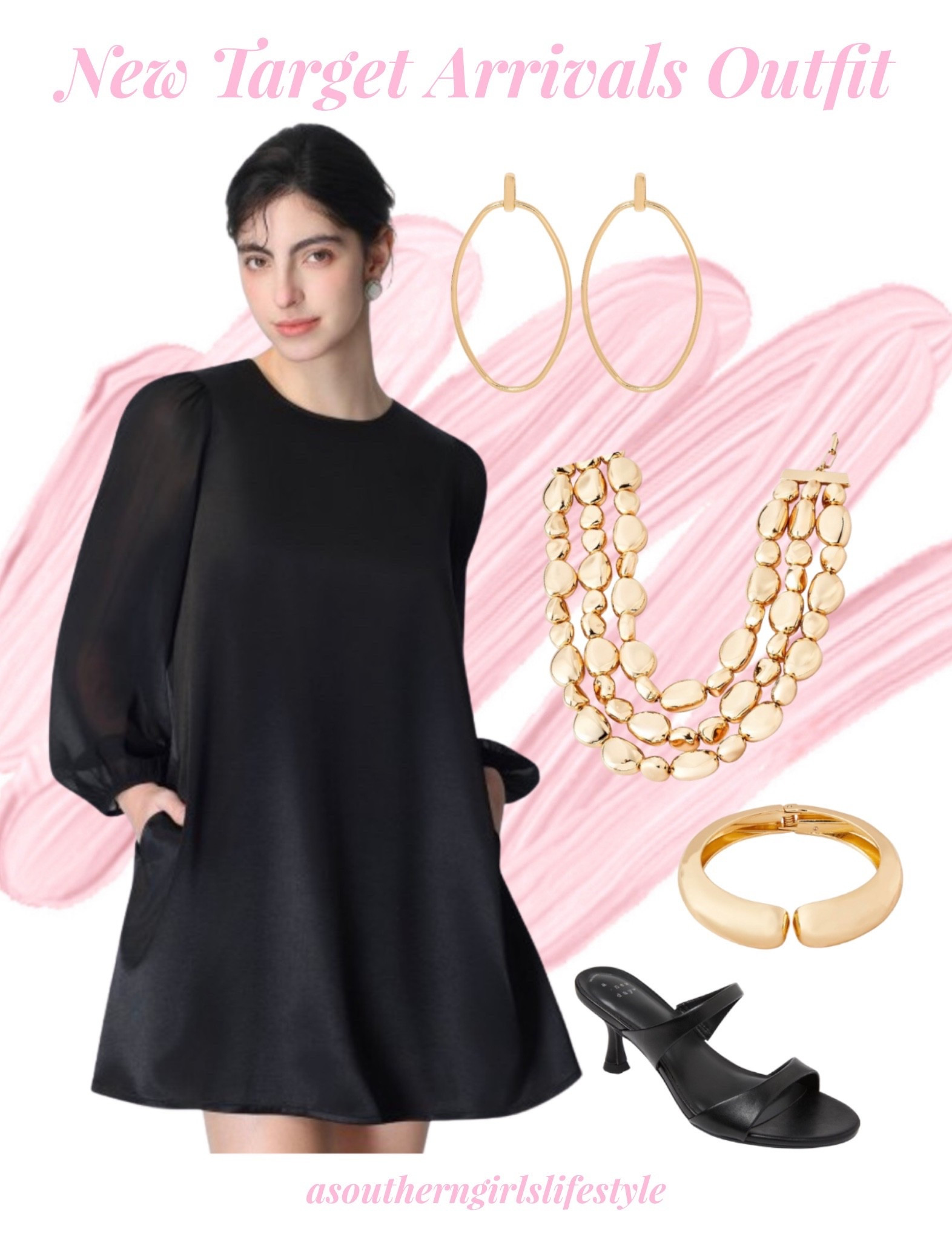 New Target Arrivals Outfit - this dress!!! 

Black Balloon Long Sleeve Satin Swing Dress, Elongated Open Ring Doorknocker Earrings, Beaded Drop Necklace, Statement Hinge Bracelet & Black 2 Strap Heels 

#LTKootd #LTKSeasonal #LTKPetite