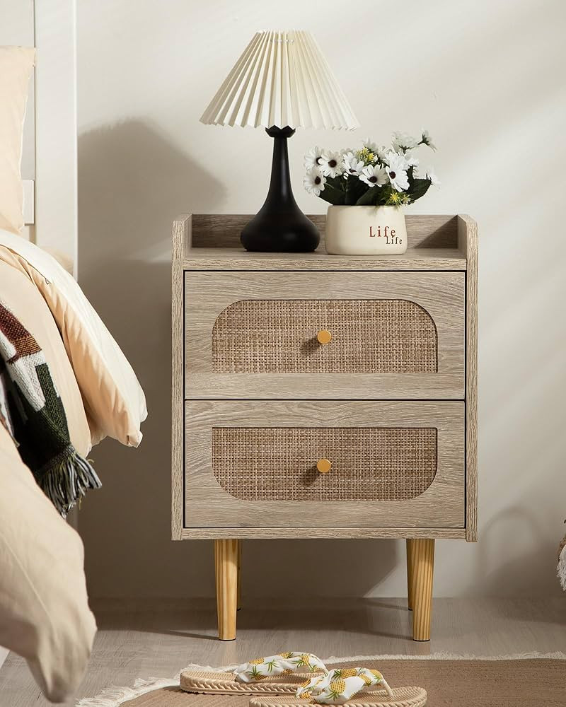 Rattan Nightstand with Drawers - Boho Bedside Table with Storage - Night Stand with Solid Wood Fe... | Amazon (US)