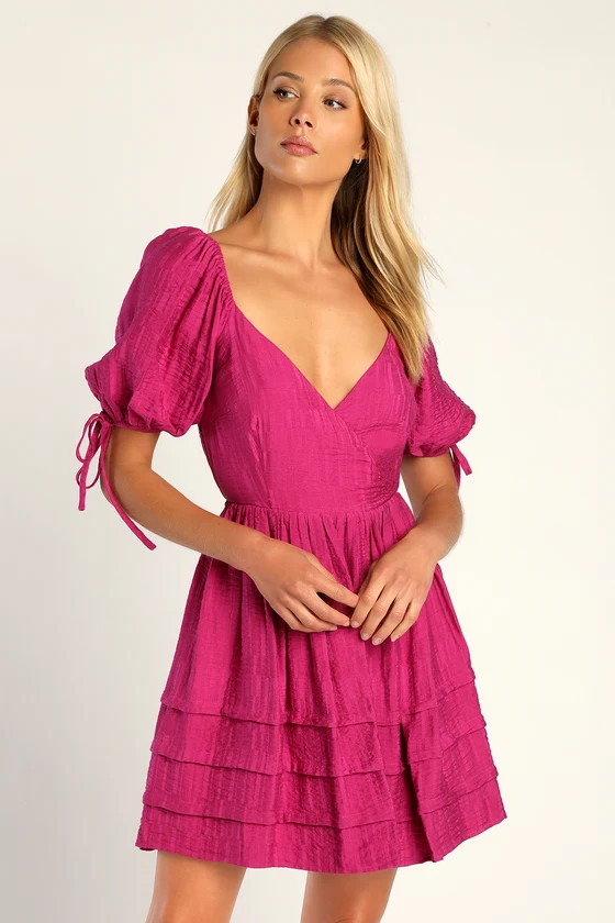 Always Precious Magenta Puff Sleeve Tiered Tie Back Mini Dress | Lulus (US)