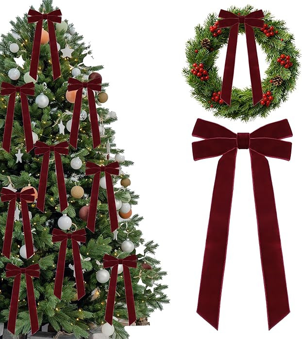 15 Pcs Burgundy Velvet Ribbon Bows for Christmas Tree 5in x 10in x 1in Vintage Rustic Velvet Bows... | Amazon (US)