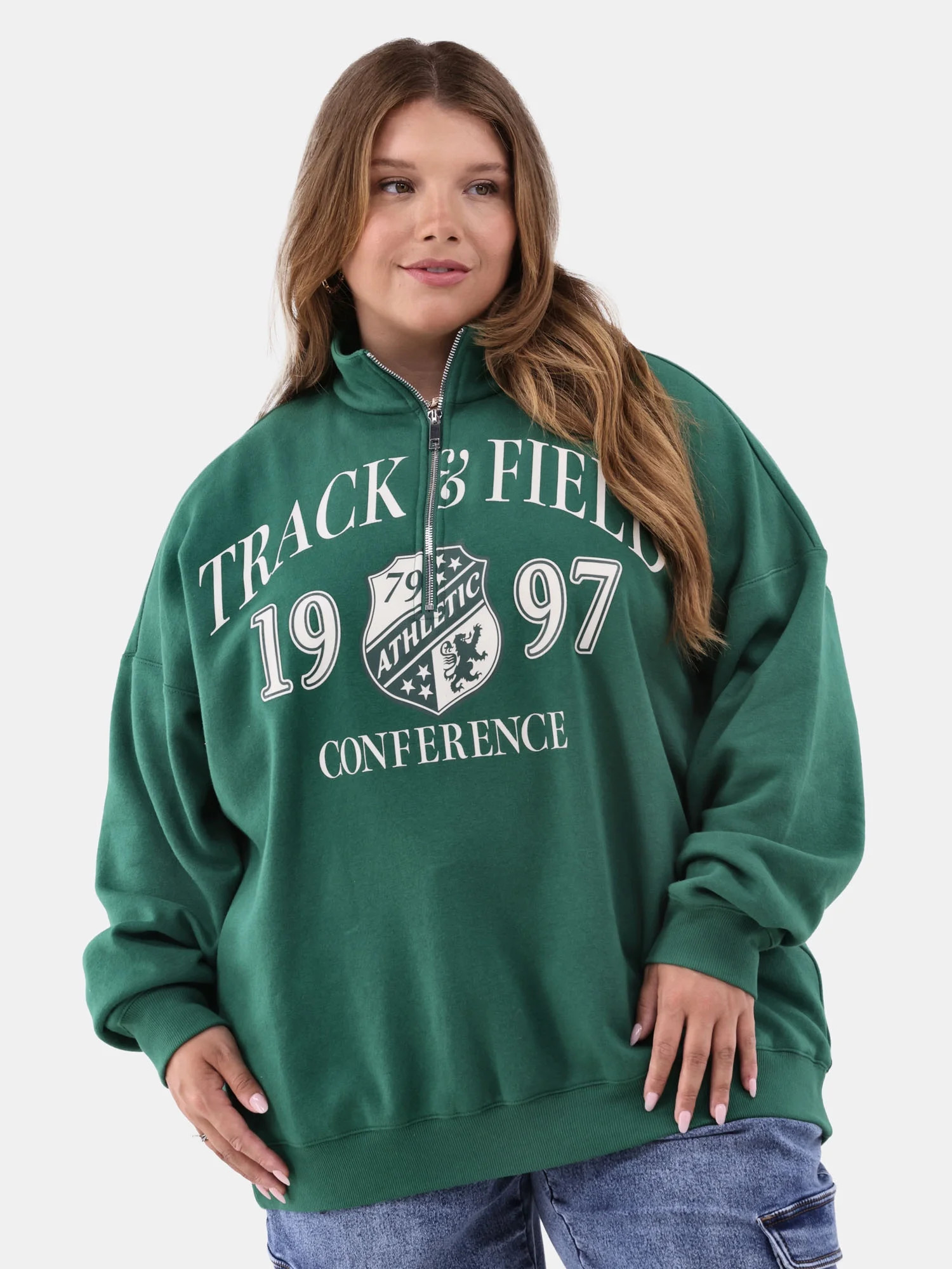 No Boundaries Quarter Zip Graphic Pullover Sweatshirt, Women's and Women's Plus | Walmart (US)