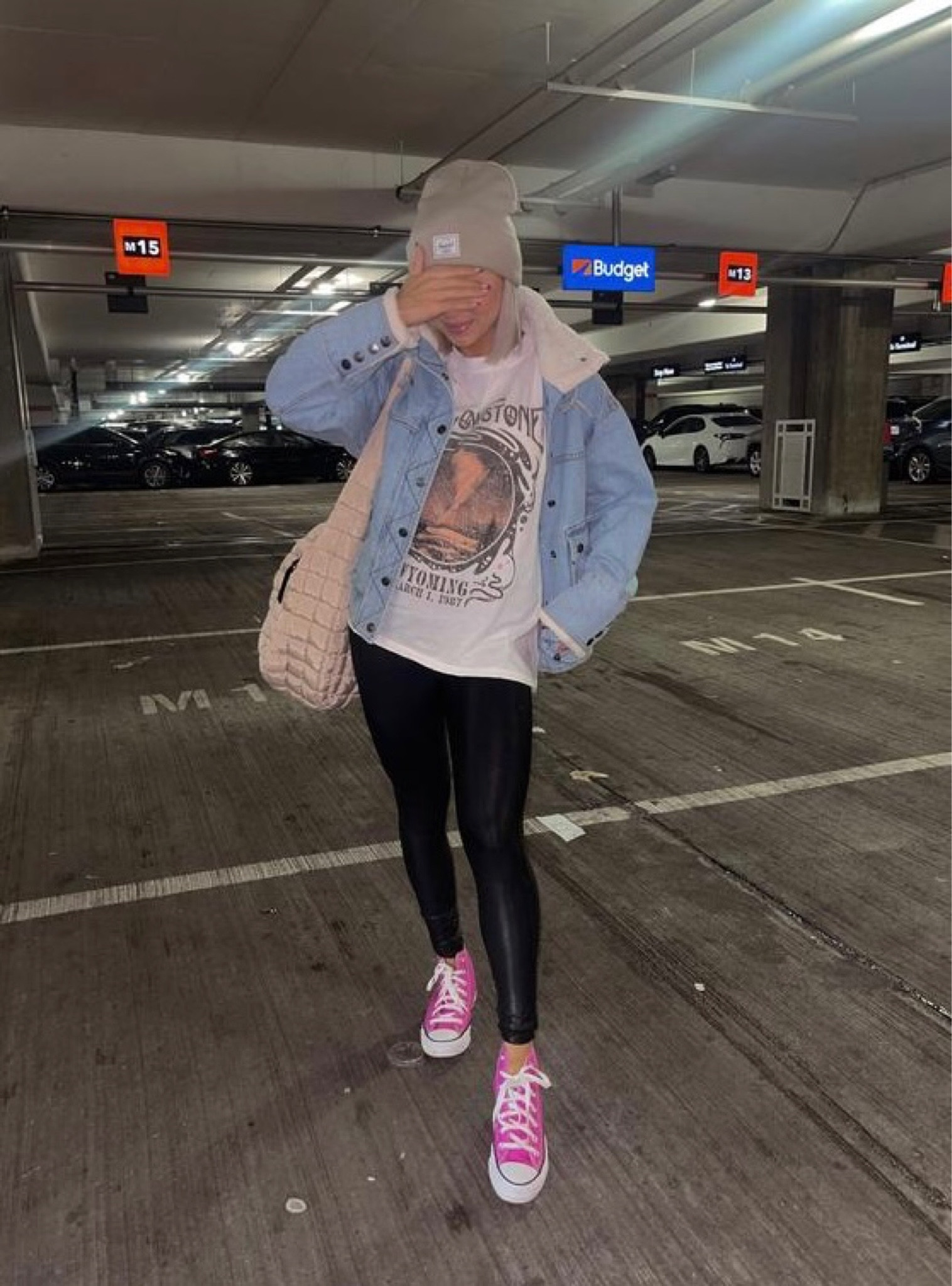 10% off my faux leather leggings with code TANNERXSPANX size medium petite. Wearing an XS in my #freepeople Yellowstone long sleeve tee & xs in my sherpa trim denim jacket. #AirportOutfit #TravelStyle 

#LTKstyletip #LTKHoliday #LTKSeasonal