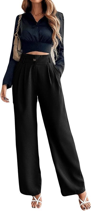 Floerns Women's Casual High Waist Wide Leg Pants Trousers with Pocket | Amazon (US)