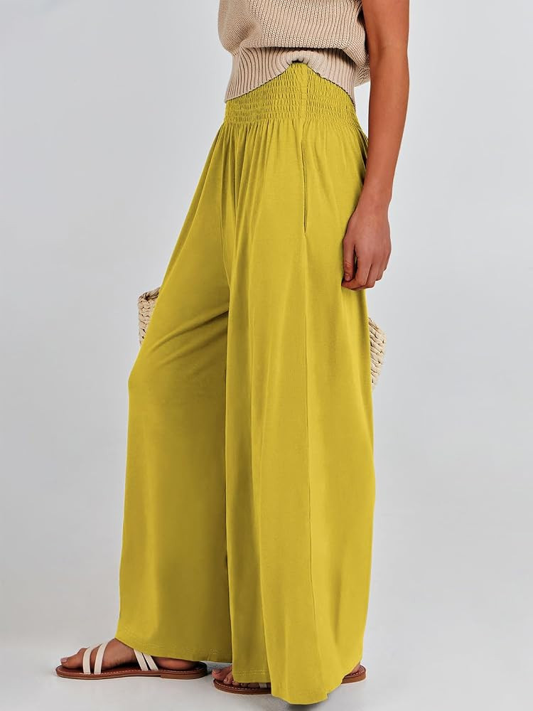 ANRABESS Women Palazzo Pants Summer Boho Bagyy Wide Leg High Smocked Waist Casual Loose Lounge Pa... | Amazon (US)