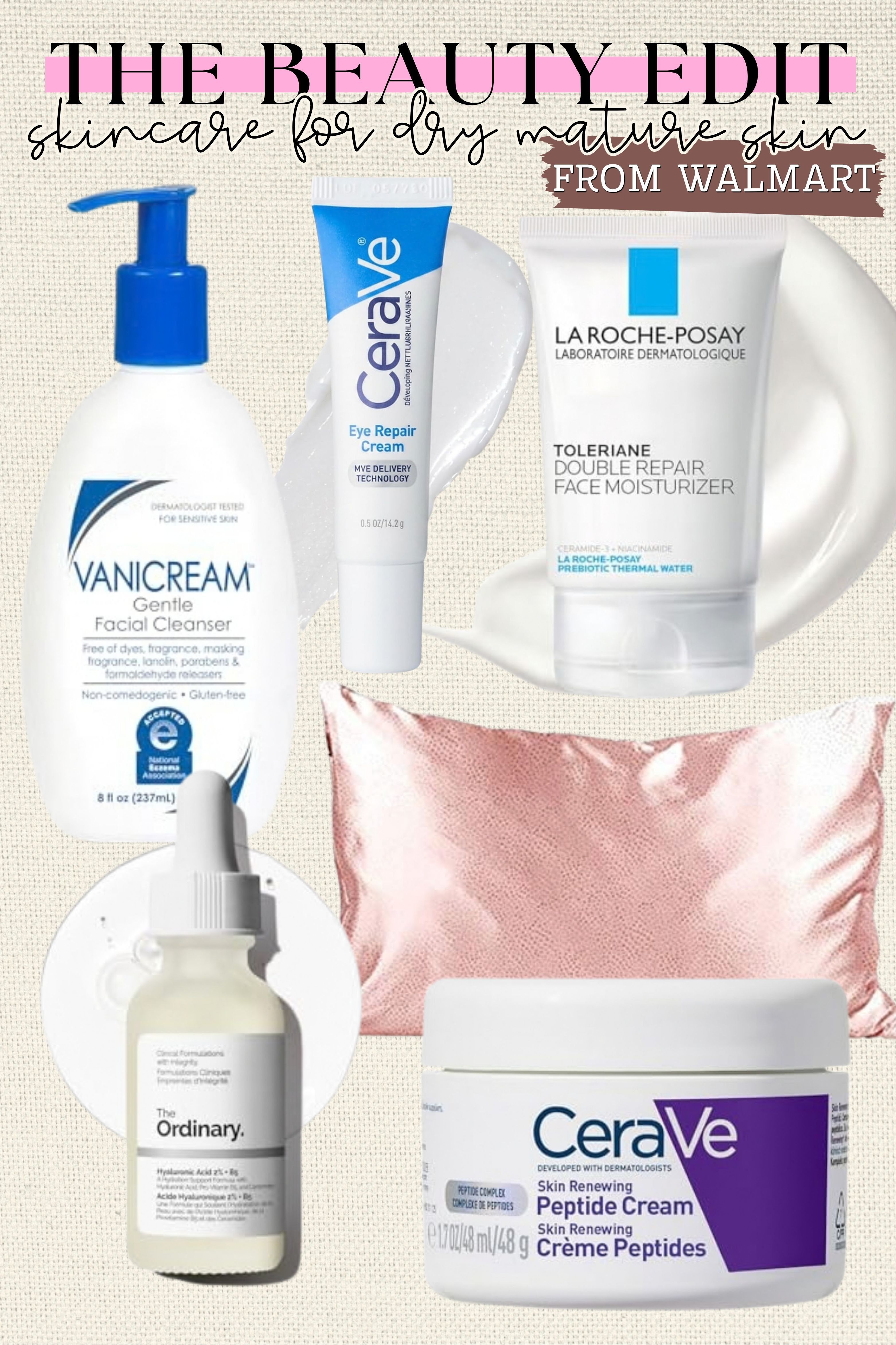 My Walmart skincare picks for dry, mature skin! A gentle cleanser, hyaluronic serum, and two rich creams leave my skin soft and hydrated without a big spend, and the satin pillowcase is a nice bonus. #skincareover40 #walmartbeauty #dryskincare 

 #LTKgrwm #LTKOver40 #LTKBeauty