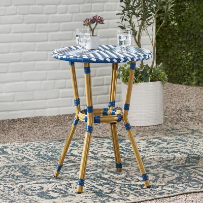 Outdoor Rattan Patio Bistro Table,White Blue Polyethylene Rattan Round Patio Dining Table With Rattan Woven Finish And Aluminum Frame-Coolbibila | Target