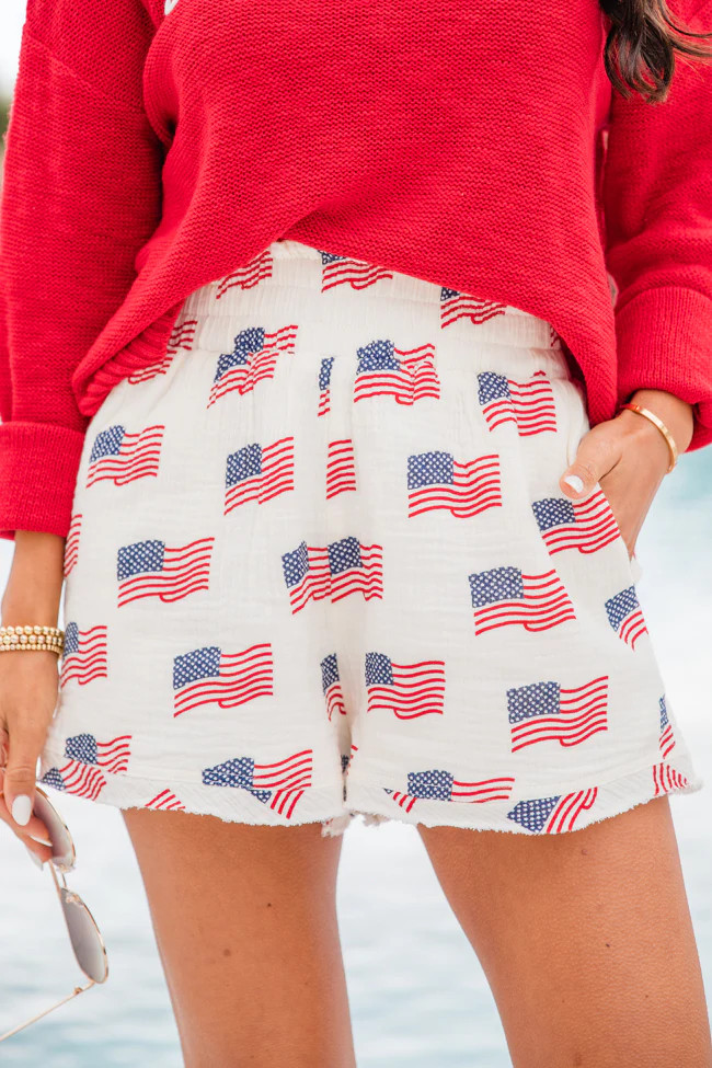 Ready For A Change Cream Flag Print Gauze Shorts | Pink Lily