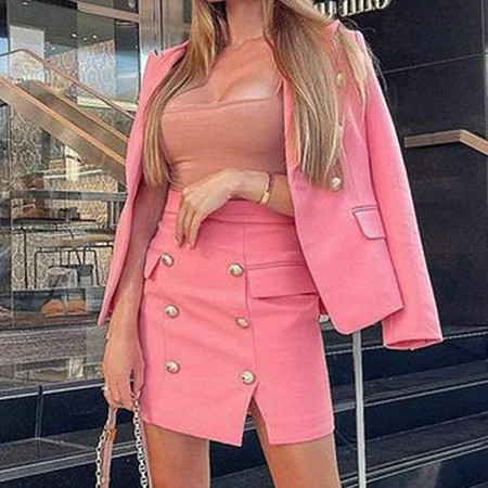 Yilirongyumm Pink M Women s Skirt Suit Women s Casual Solid Long Sleeve Suits Button Coat High Waist | Walmart (US)