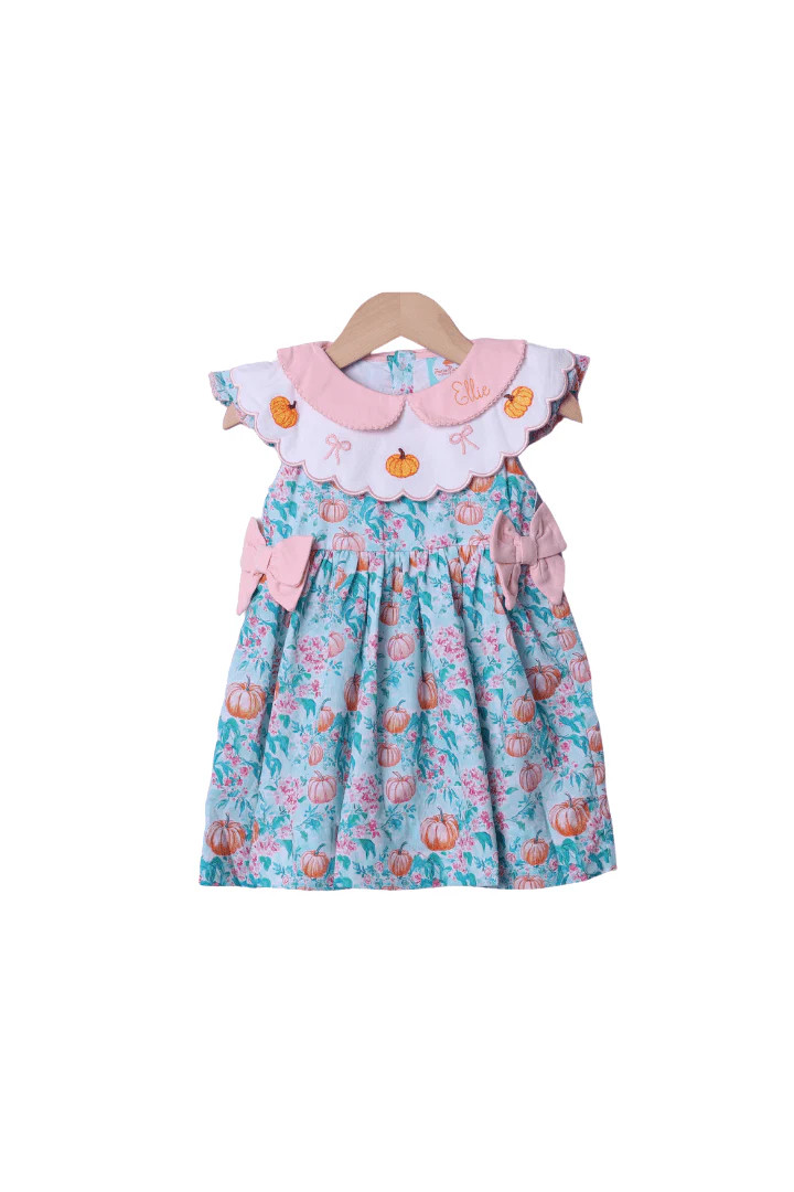 Smocked Pumpkin Turquoise Bow Dress | The Smocked Flamingo