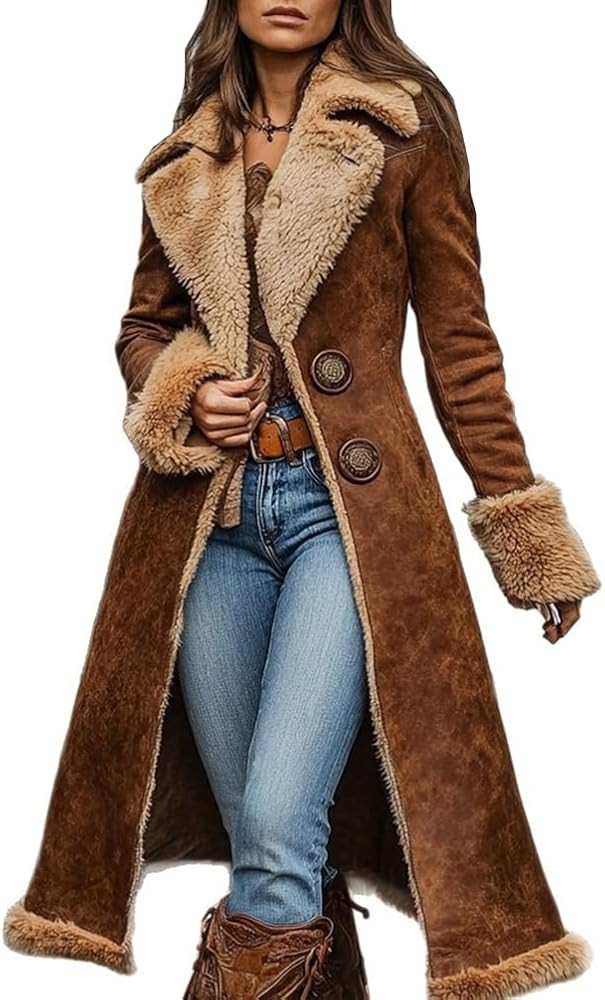 HrreBro Long Faux Suede Jacket for Women Fall Fur Leather Fuzzy Fleece Sherpa Lined Jacket Winter... | Amazon (US)