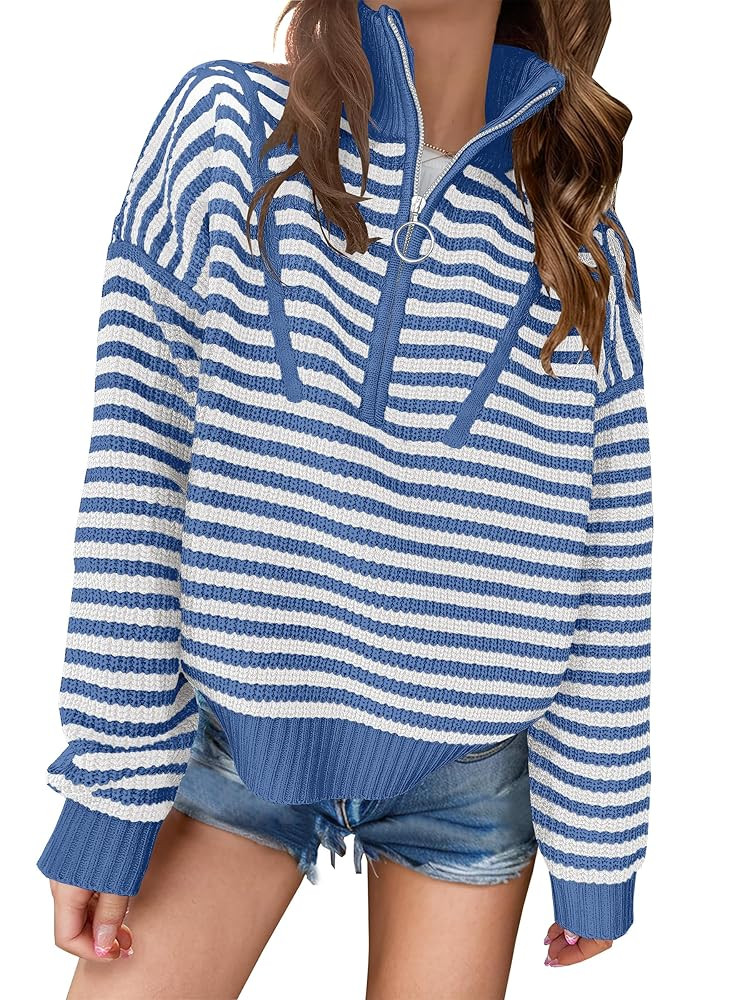 ANRABESS Sweaters for Women Striped Half Zip Long Sleeve Ribbed Knit Pullover Comfy Casual Lightw... | Amazon (US)