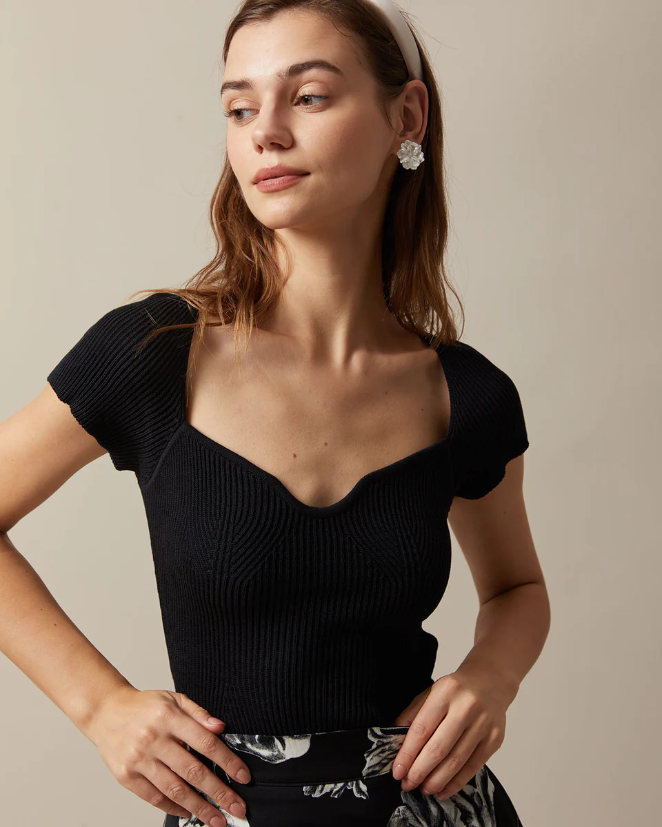 The Black Square Neck Short Sleeve Knit Top & Reviews - Black - Tops | RIHOAS | rihoas.com