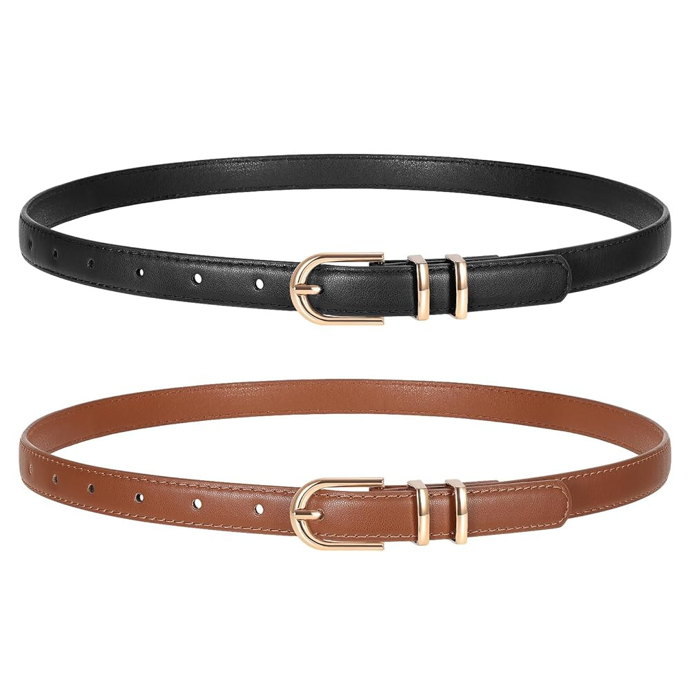 2 Pack Women Skinny Leather Belts for Jeans Pants Thin Faux Leather Belt with Gold Buckle | Amazon (US)