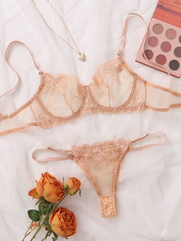 Embroidered Mesh Underwire Lingerie Set | SHEIN