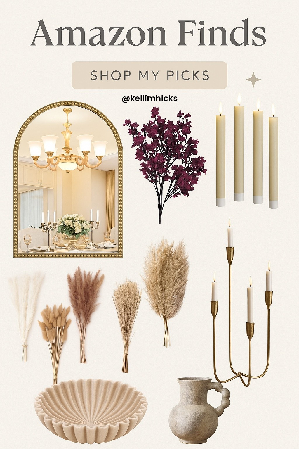 Neutral Amazon home finds that instantly elevate your space ✨ From cozy pampas grass bundles and textured vases to elegant mirrors, taper candles, and statement candelabras — all of these chic accents are affordable Amazon picks you’ll actually want in your home.

#amazonhome #homedecor #amazonfinds #ltkhome #affordabledecor #interiordesign #amazonfavorites #neutralhome #cozydecor #budgetfriendlydecor