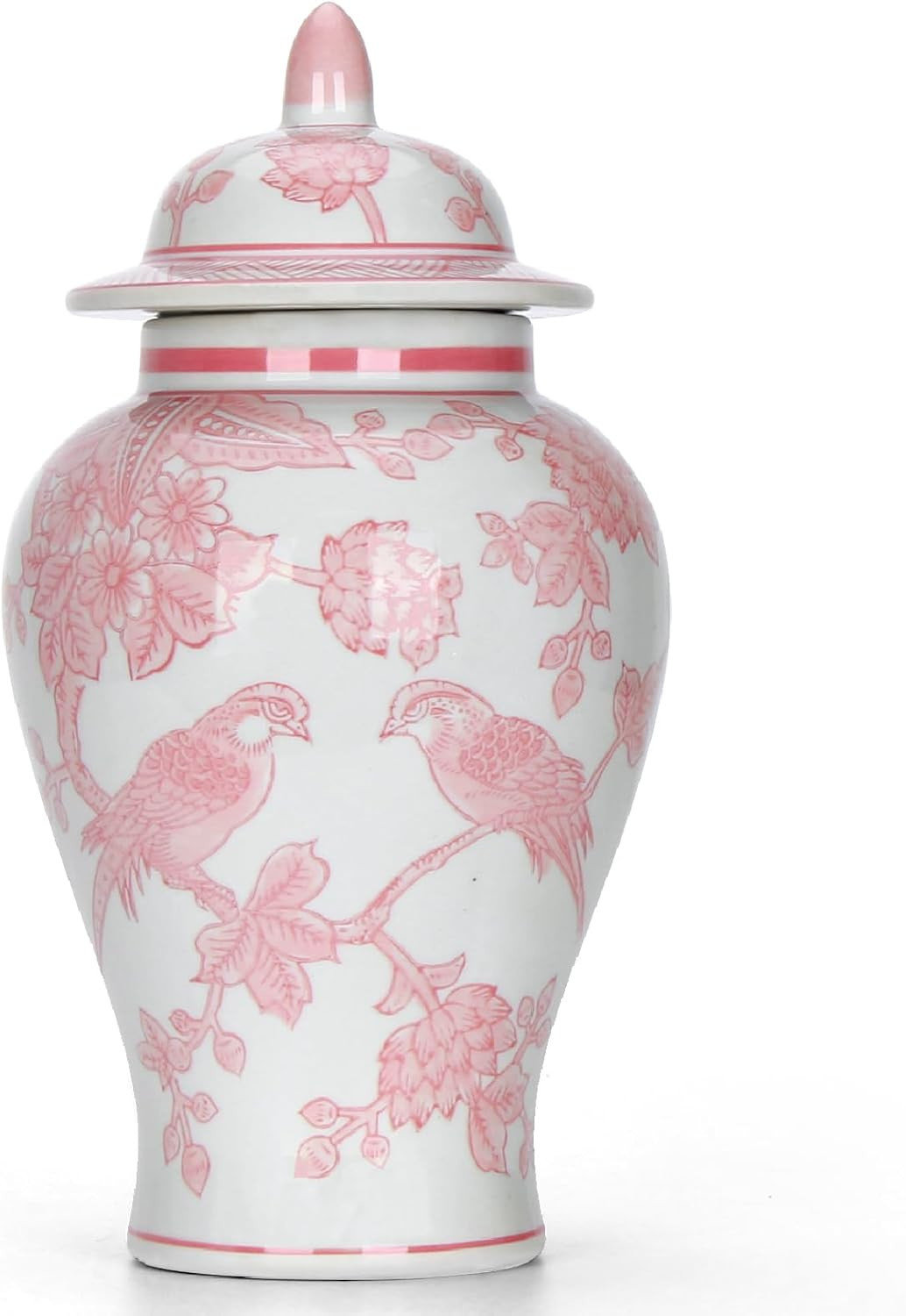 11″ Pink Ginger Jar with Lid Porcelain Stylized Songbirds Floral Temple Jar | Amazon (US)