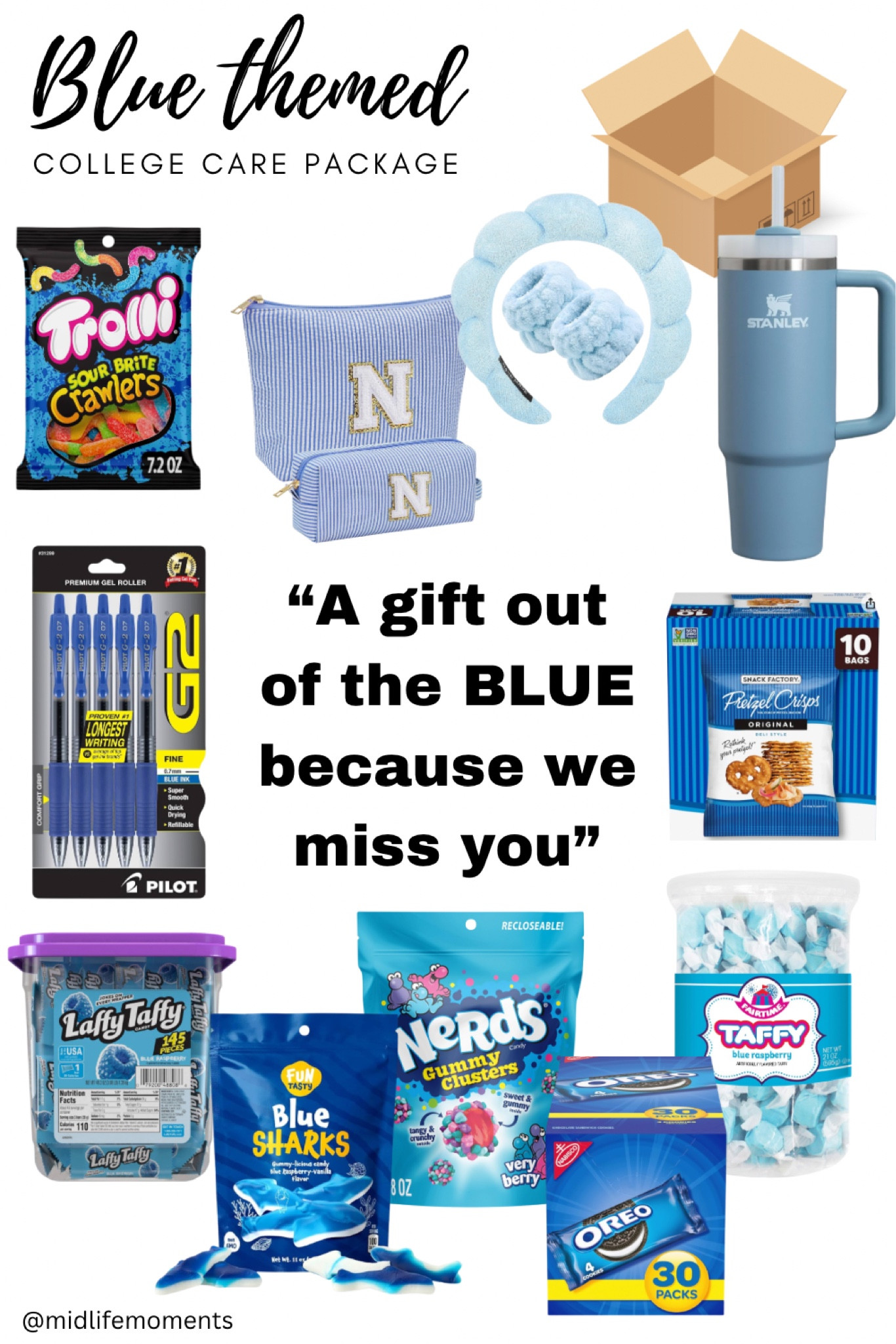 Blue-themed college care package

#dormlife #collegedorm #carepackage 