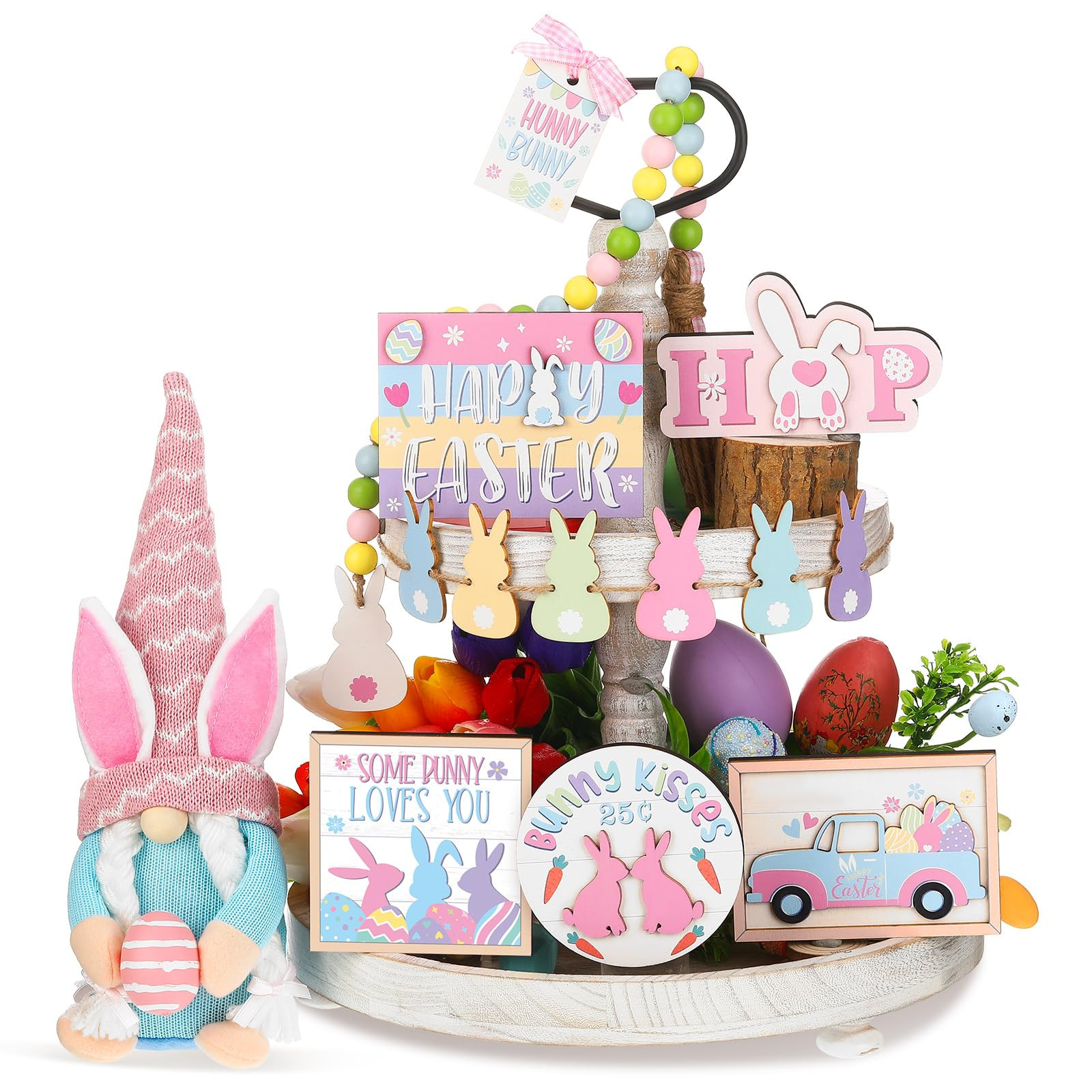 Patelai 8 Pcs Easter Tiered Tray Decor Set Cute Gnomes Bunny Plush Doll Tray Decorations Wooden E... | Amazon (US)