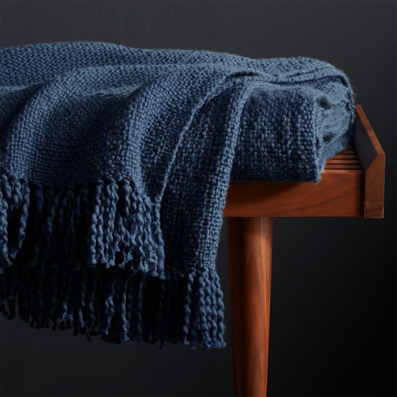 Styles Blue Fringe Throw Blanket + Reviews | Crate and Barrel | Crate & Barrel