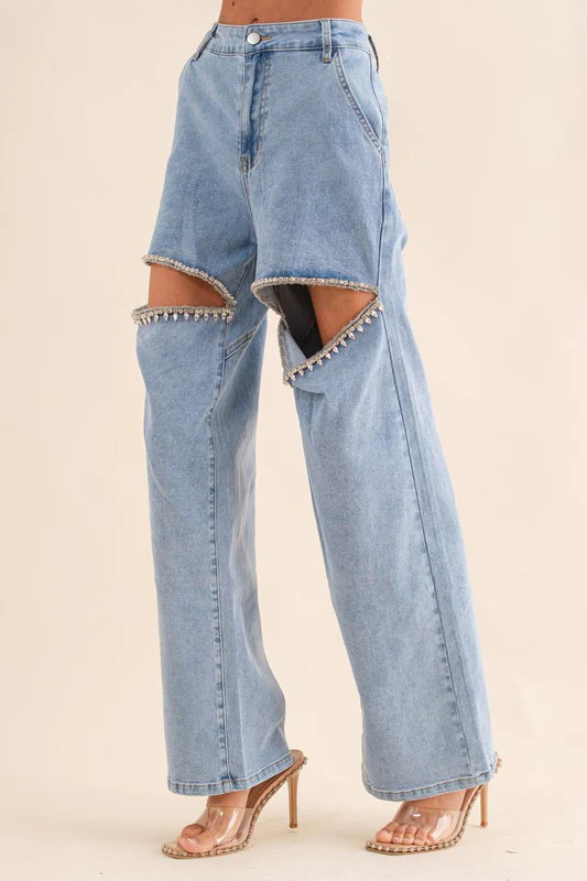 Washed Denim Cut Front Rhinestone Jeans LIGHT WASH / S | Styledwell Boutique