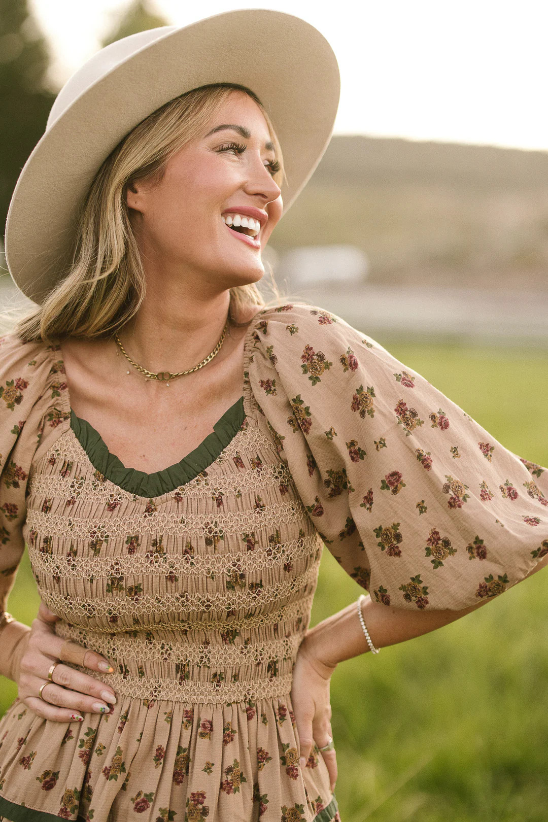 Roselyn Dress in Tan Floral | Ivy City Co