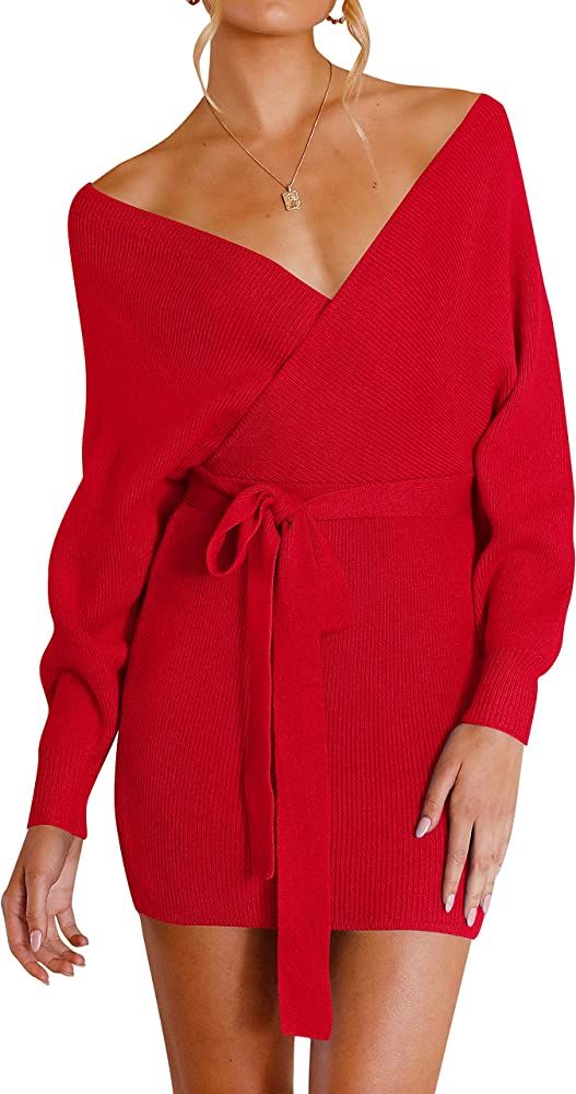ZESICA Women's Long Batwing Sleeve Wrap V Neck Knitted Backless Bodycon Pullover Sweater Dress wi... | Amazon (US)
