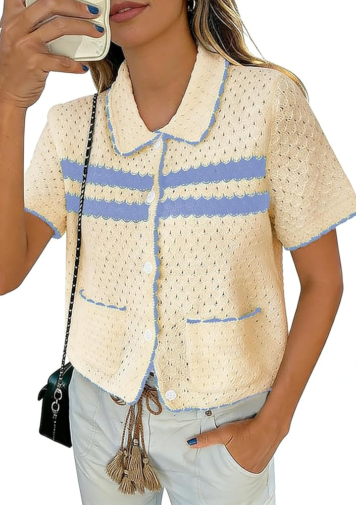 Yousify Womens Casual Summer Short Sleeve Sweaters Button Down Crochet Knit Tops 2026 Loose Cute ... | Amazon (US)