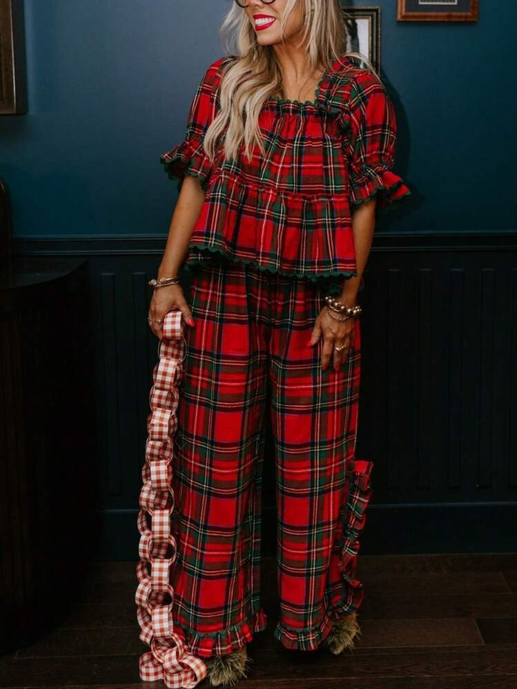 Women Cute Plaid/Stripe Pajama Set Y2K Bubble Sleeve Square Neck Crop Shirt Tops And Ruffle Trim Long Pants Fashion Casual Outfits Playful Christmas Sleepwear Xmas Pjs Party Loungewear | SHEIN