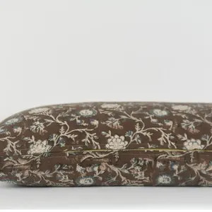 Hand Block Printed Linen Lumbar Pillow: Brown Floral, Brass Zipper - Etsy | Etsy (US)