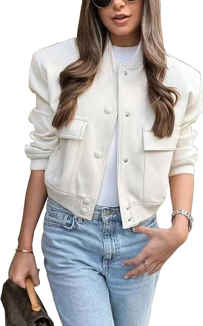 Women's Fashion Cropped Button Down Lightweight Cropped Bomber Jacket Varsity Shacket with Side P... | Amazon (US)