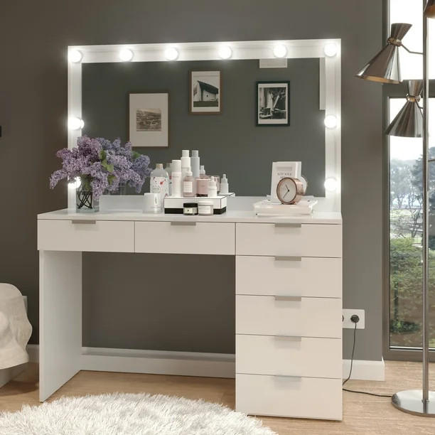 Boahaus Diana Modern Vanity Table, Light Bulbs, White Finish, Ideal for Bedroom - Walmart.com | Walmart (US)