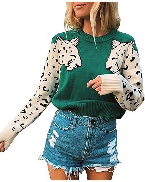 Angashion Women's Sweaters Casual Leopard Printed Patchwork Long Sleeves Knitted Pullover Cropped... | Amazon (US)