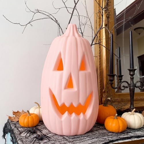 13.4 Inch Halloween Faux Pumpkin Decoration Large Plastic Jack O' Lantern Reusable Carved Pumpkin Lantern for Fall Halloween Indoor Outdoor Decor Party Centerpiece(Pink) | Amazon (US)