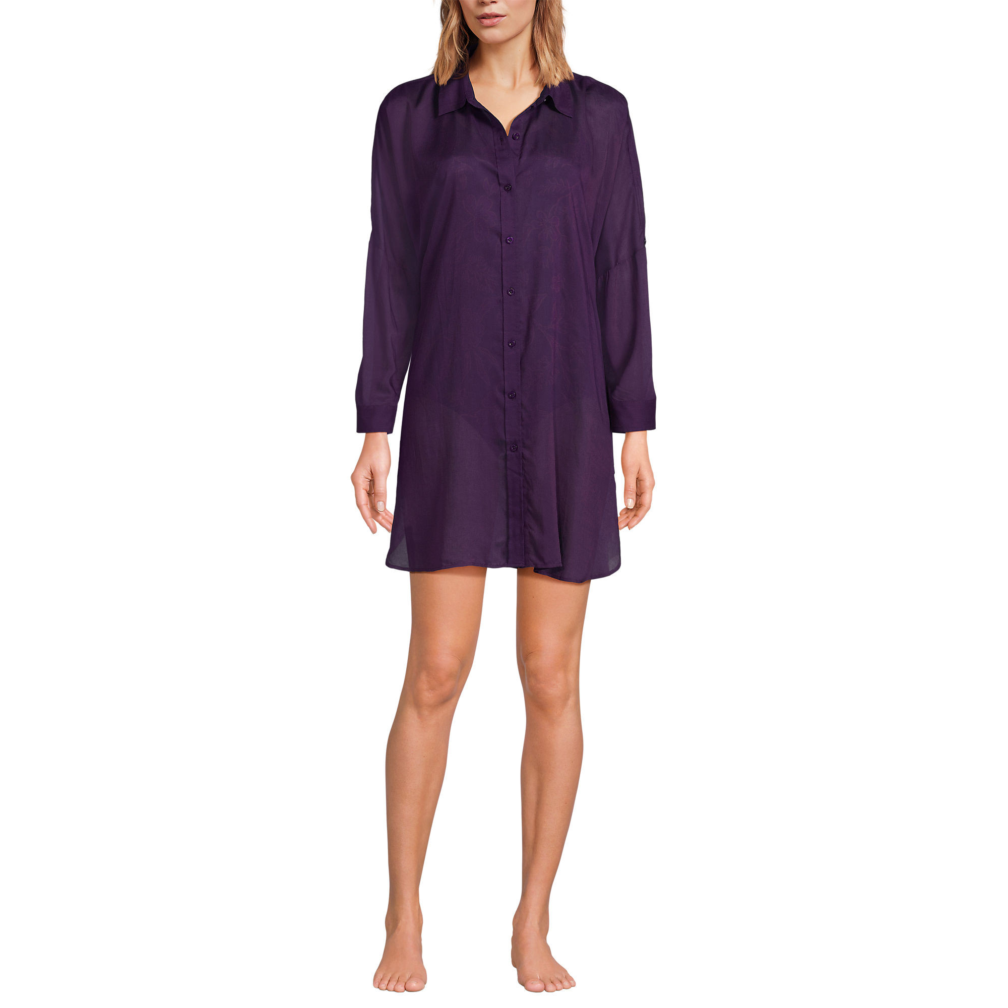 Women's Sheer Oversized Button Front Swim Cover-up Shirt | Lands' End (US)