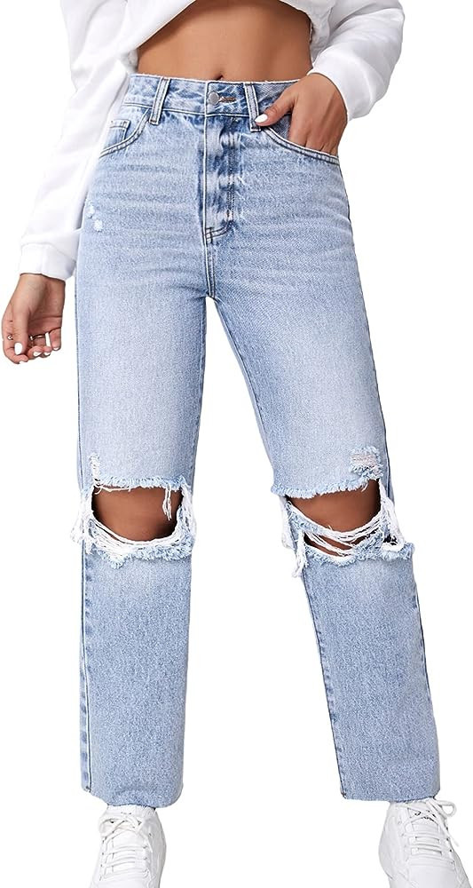 MakeMeChic Women's High Waist Straight Leg Ripped Jeans, Labor Day Sale, Black Friday Sale, FallSale | Amazon (US)