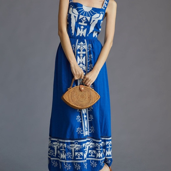 🌀 FARM RIO + ANTHROPOLOGIE Blue Macaw Embroidered Maxi Dress 🌀LARGE🌀NWOT | Poshmark
