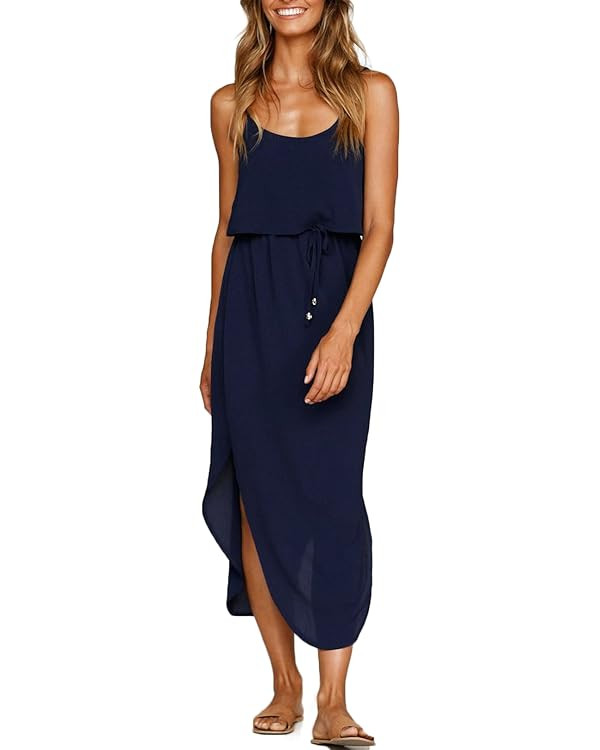 Women's Adjustable Strappy Split Summer Beach Casual Midi Dress | Amazon (US)