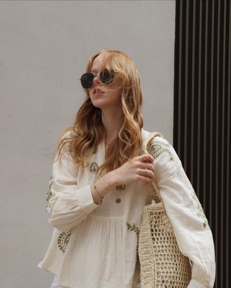 summer outfit, summer style, sunglasses, sunnies, embroidered blouse, blouse, summer blouse, straw bag, straw tote, tote bag, summer bag.

#LTKSeasonal #LTKunder50 #LTKunder100