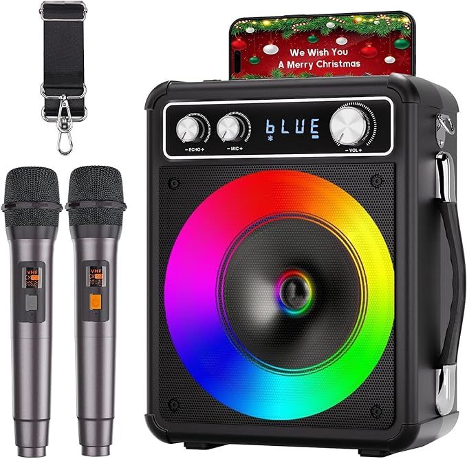 Karaoke Machine, Portable Bluetooth Speaker with 2 Wireless Microphones, PA System for Adults Kid... | Amazon (US)