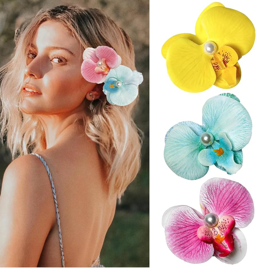 3Pcs Hawaiian Flower Hair Clips, Orchid Hair Clip Flower Hair Pins for Women Girls Summer Beach Party, Artificial Tropical Hibiscus Plumeria Wedding Bridal Hawii Hair Accessories, Yellow Pink Blue | Amazon (US)