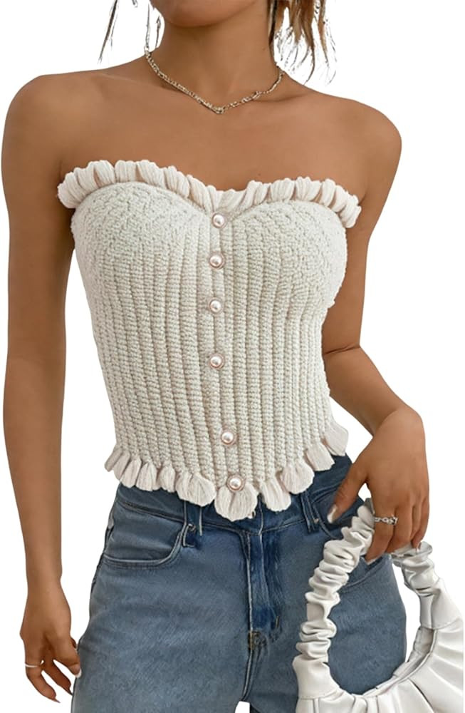 GORGLITTER Women's Pearl Knit Tube Tops Strapless Ruffle Trim Asymmetrical Crop Tops | Amazon (US)