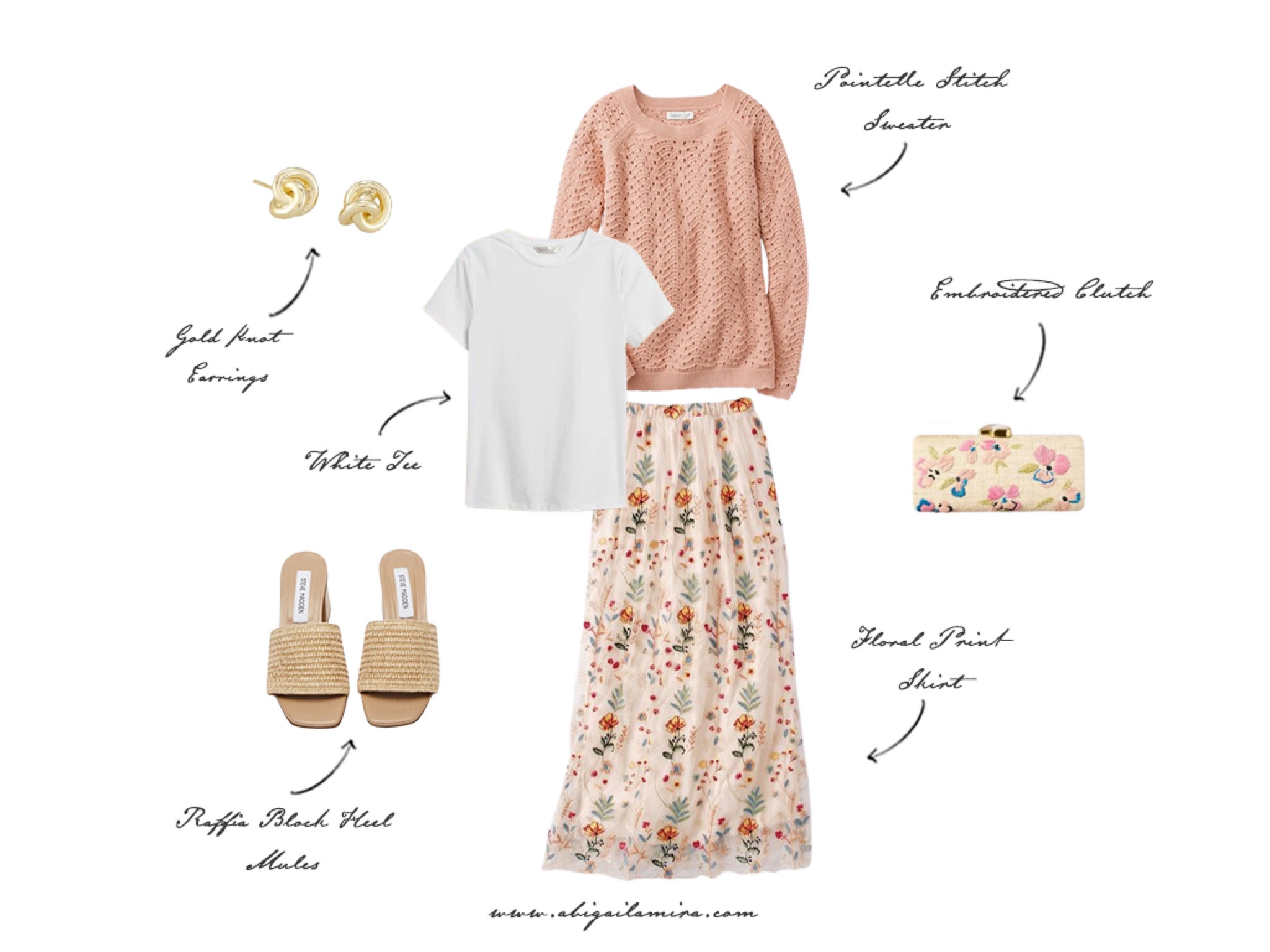 PERFECT FOR MOTHER'S DAY, SUNDAYS AT CHURCH, OR ANTIQUING WITH FRIENDS! THIS OUTFIT COMBINES A GORGEOUS FLORAL-PRINTED SKIRT WITH A WHITE TEE AND A COZY SWEATER, PERFECT FOR LAYERING AS THE WEATHER CHANGES THROUGHOUT THE DAY. THE FEMININE LOOK IS COMPLETED WITH AN EMBROIDERED CLUTCH, GOLD KNOT EARRINGS, AND RAFFIA BLOCK-HEELED MULES.

#LTKSeasonal #LTKfindsunder100 #LTKstyletip