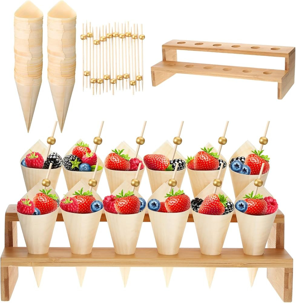Food Cones 100 Pcs Disposable Wood Cones for Food with 12 Holes Ice Cream Cone Display Stand Char... | Amazon (US)