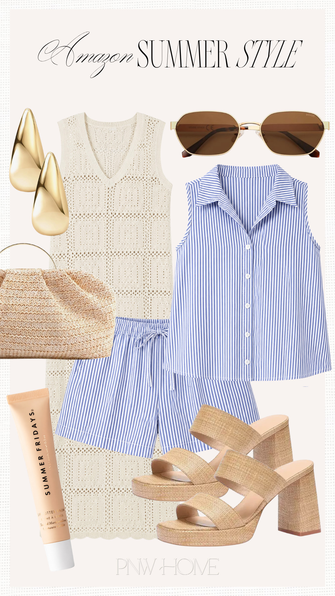 Amazon summer style finds I'm loving! 

summer fashion, summer looks, summer outfit, white dress, midi dress, maxi dress, matching set, sleeveless top, striped shorts, blue set, gold earrings, platform sandals, high heeled sandals, neutral fashion, sunglasses, lip balm, lip gloss, summer clutch, straw handbag, raffia handbag 

 #LTKgrwm #LTKootd #LTKSeasonal