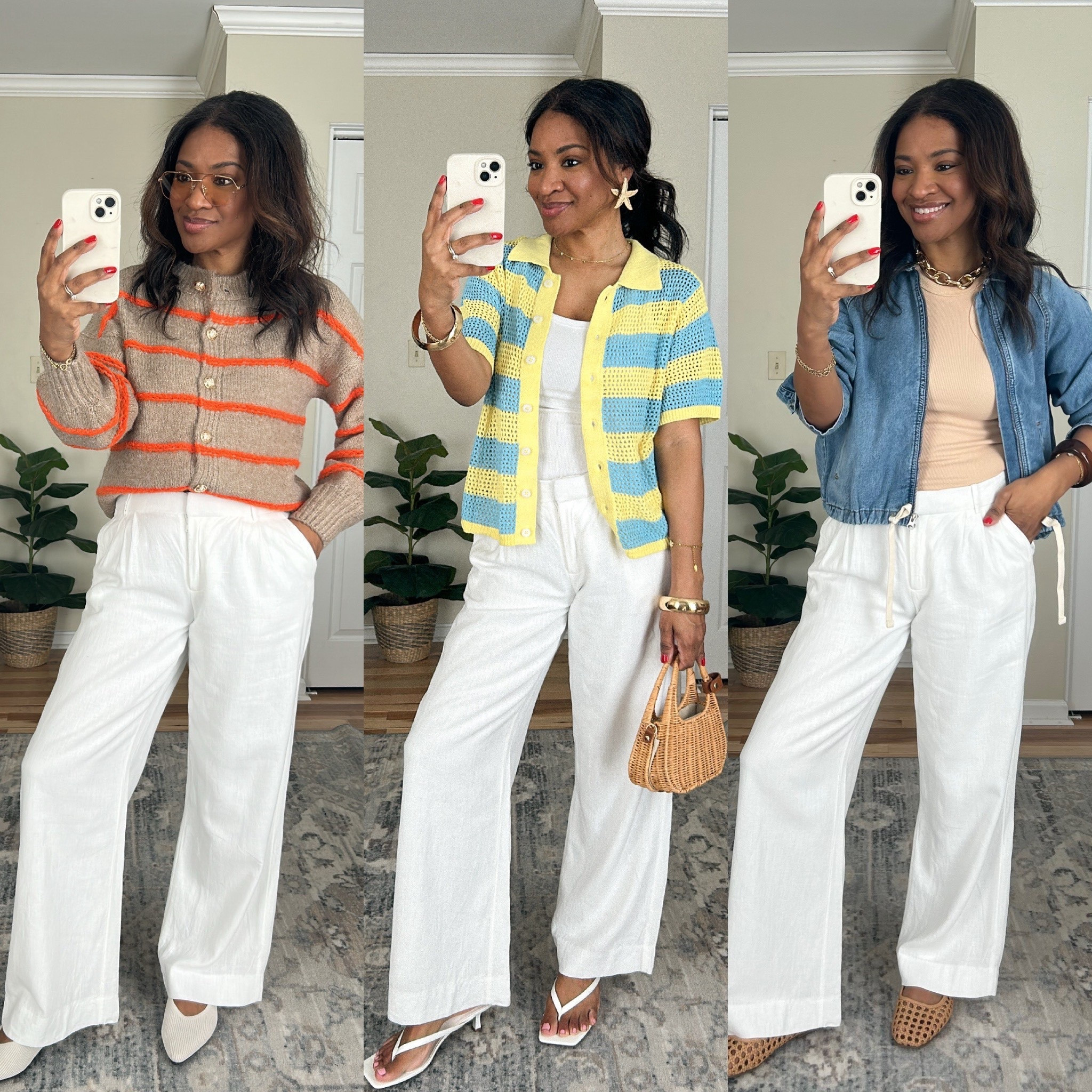 Size medium in cardigan, middle set and large in denim jacket. Size 27 regular in linen pants 

 #ltkover40 #ltkootd