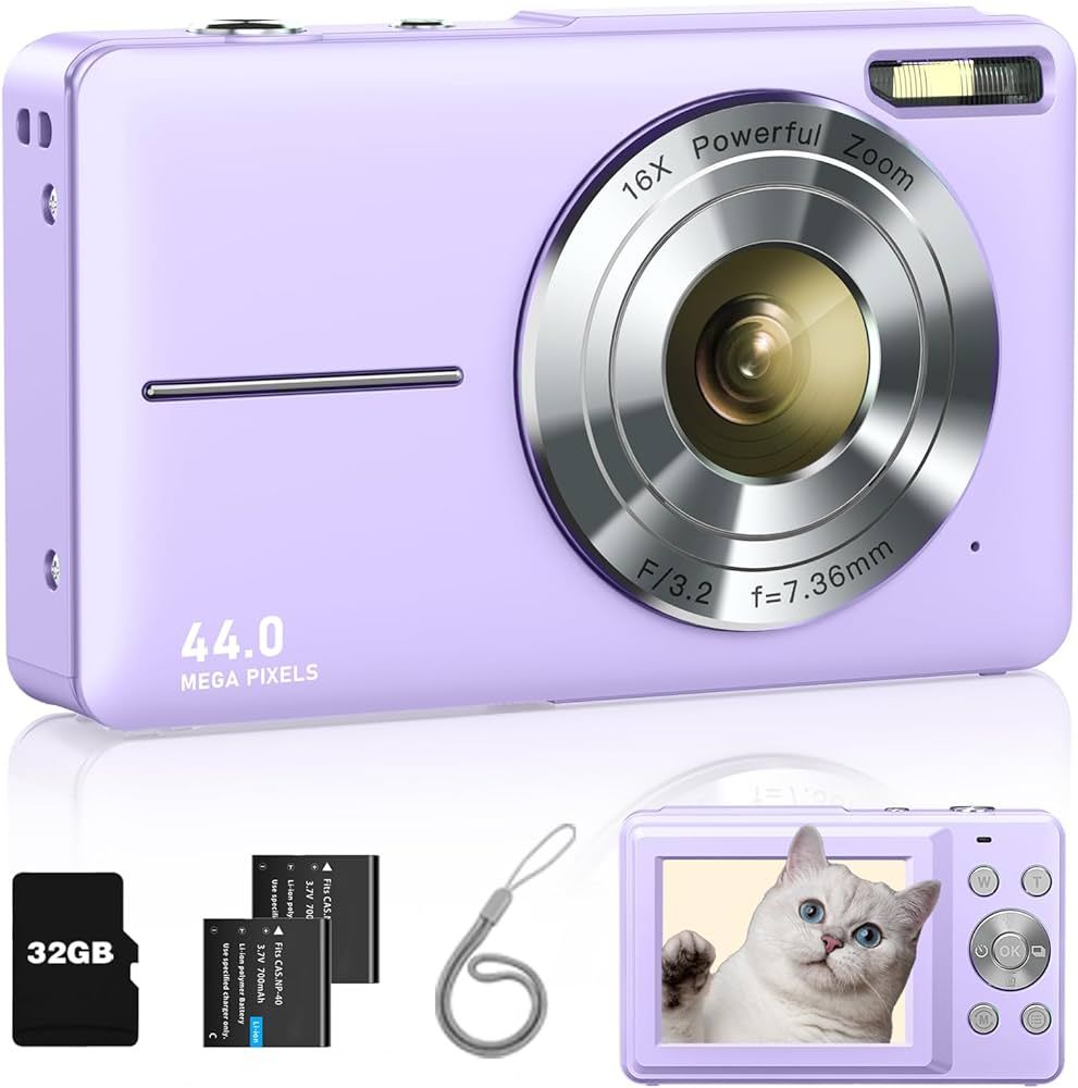 Digital Camera, FHD 1080P Kids Camera with 32GB Card, 2 Batteries, Lanyard, 44MP 16X Zoom Anti Sh... | Amazon (US)